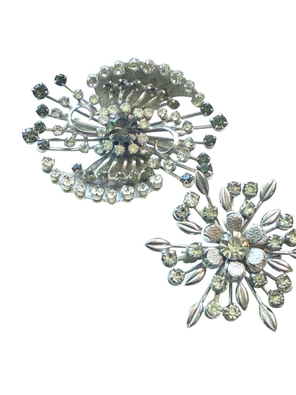 Vintage Rhinestone Cluster Brooches Floral & Starburst Design Silver-Tone MCM